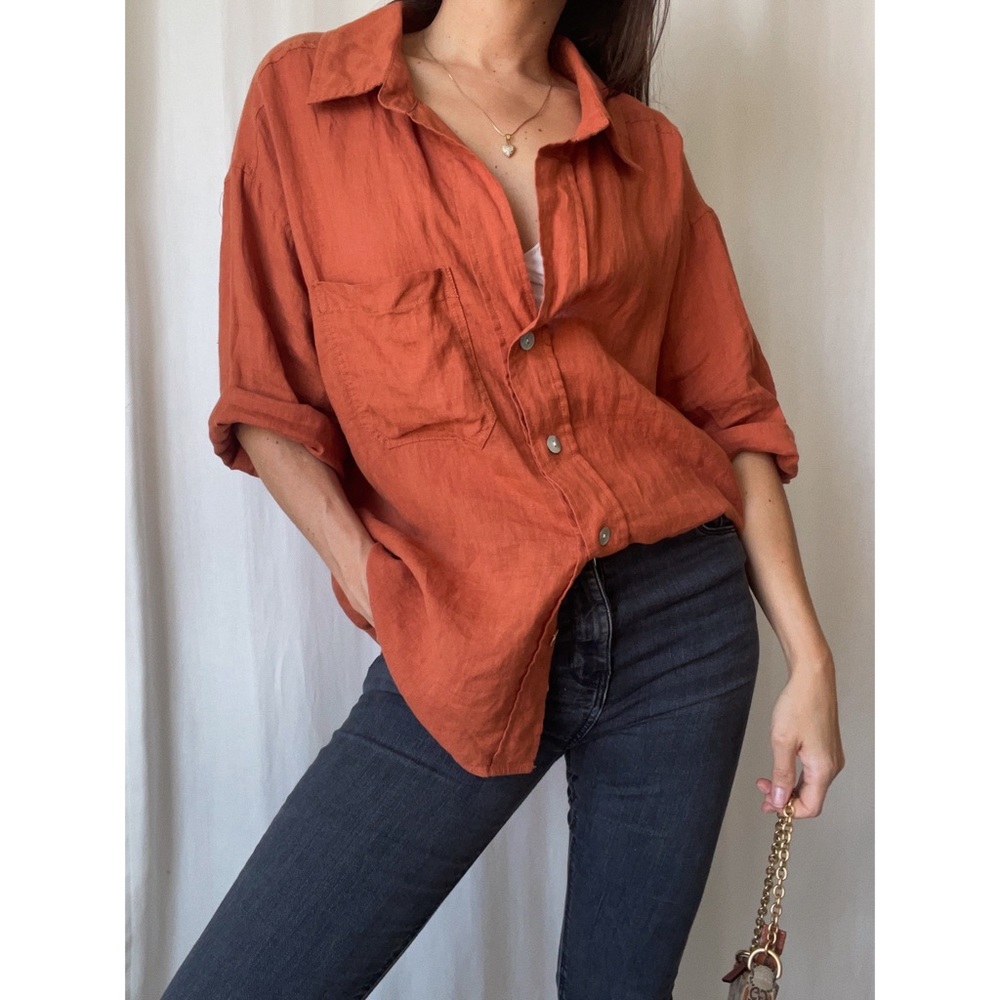 SHIRT oversized linen button-down shirt — In Rust
